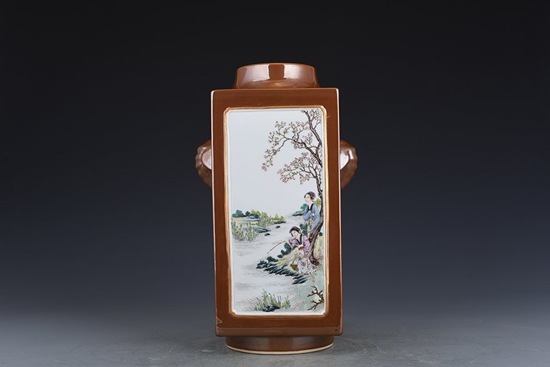 Qing Dynasty Qianlong purple gold glaze consecrated pastel figure cong style vase