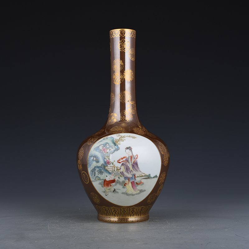 Qing Dynasty Qianlong Purple Gold Glazed Gold Ball Pattern Consecrated Pastel Character Bile Vase