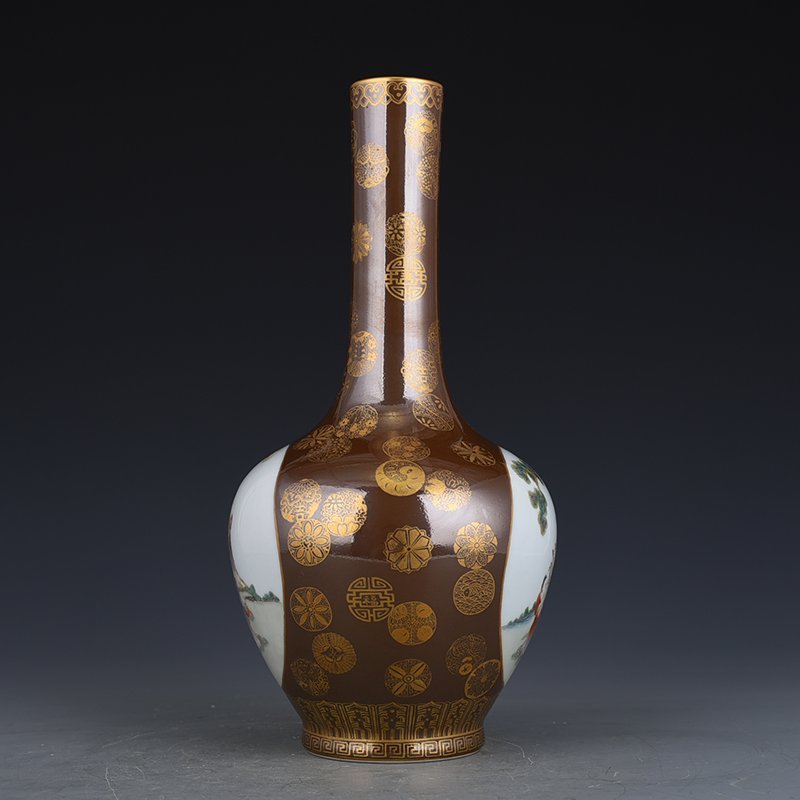 Qing Dynasty Qianlong Purple Gold Glazed Gold Ball Pattern Consecrated Pastel Character Bile Vase