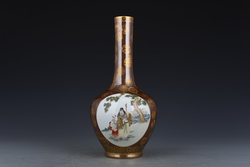 Qing Dynasty Qianlong Purple Gold Glazed Gold Ball Pattern Consecrated Pastel Character Bile Vase