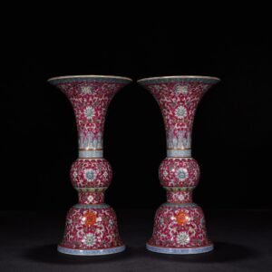 Qing Dynasty Qianlong red ground pastel lotus eight-treasure flower goblet
