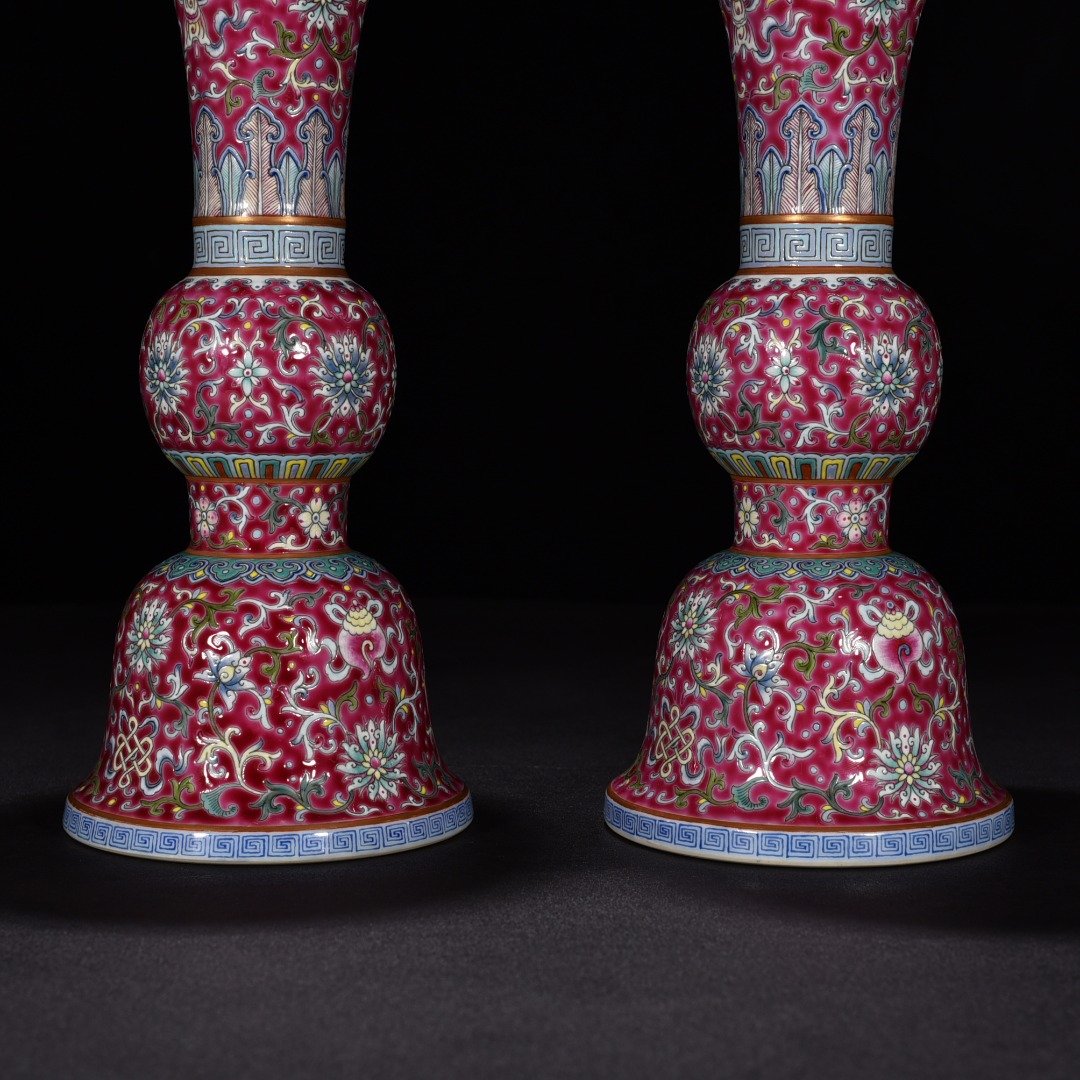 Qing Dynasty Qianlong red ground pastel lotus eight-treasure flower goblet