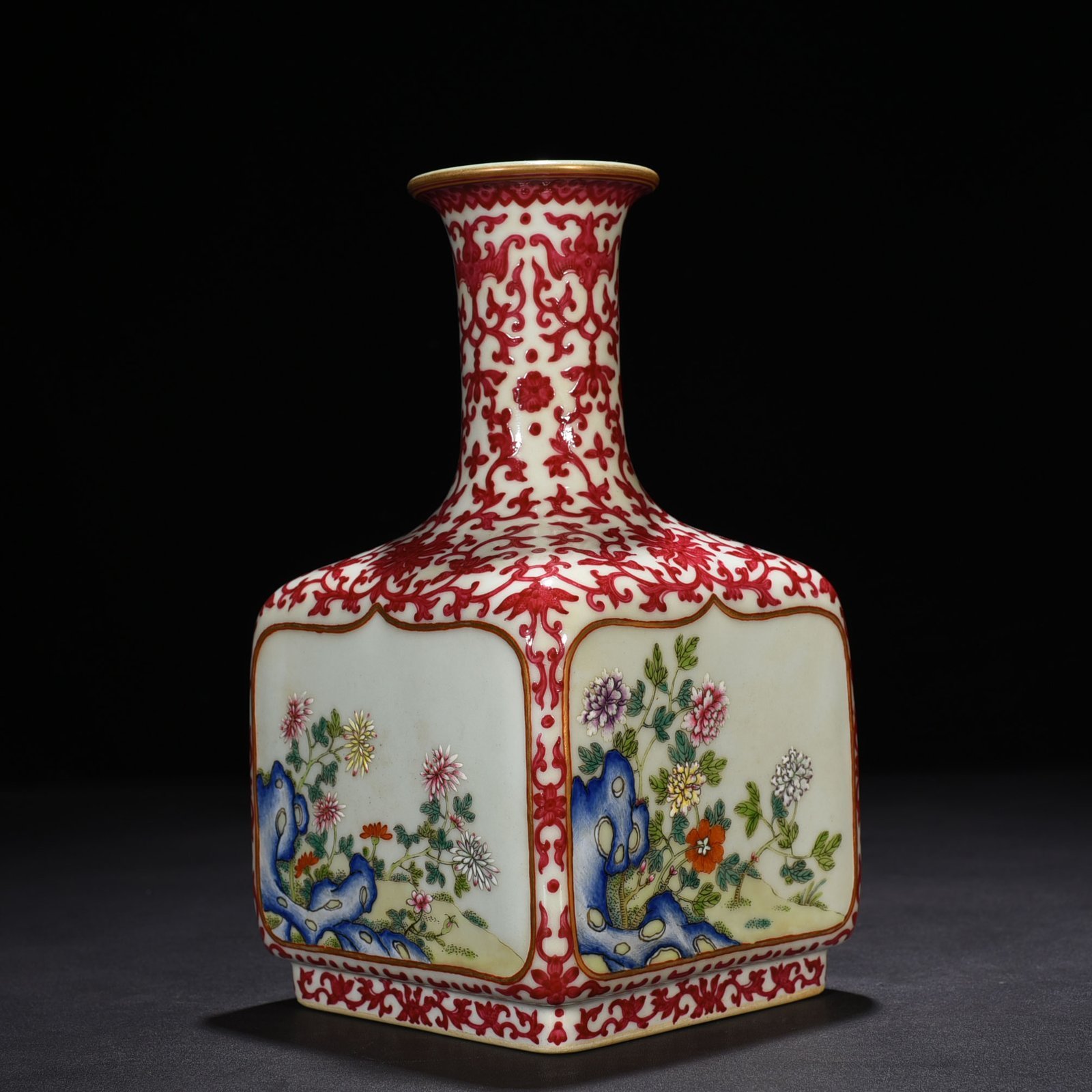 Qing Dynasty Qianlong rouge red window-wrapped square vase