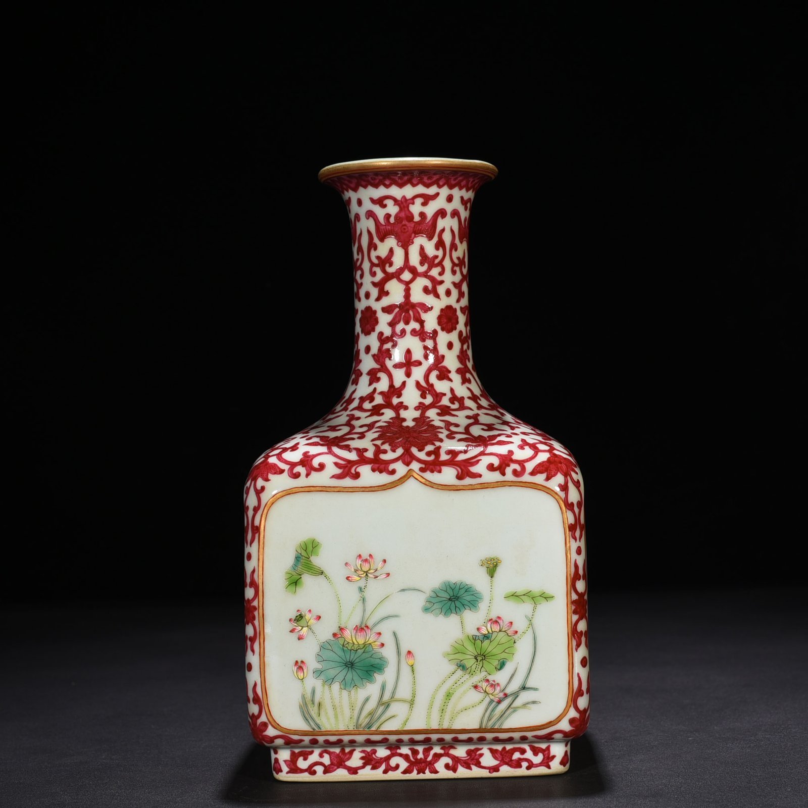 Qing Dynasty Qianlong rouge red window-wrapped square vase