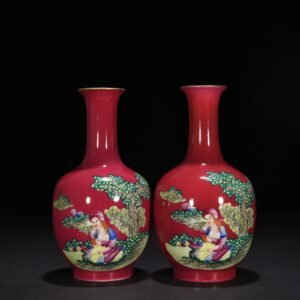 Qing Dynasty Qianlong rouge red ground enamel Western figure vase