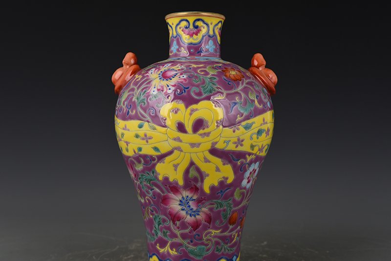 Qing Dynasty Qianlong rouge red ground enamel plum vase with floral