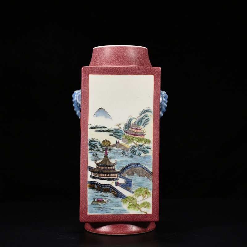 Qing Dynasty Qianlong rouge red consecrated famille rose landscape pavilion cong style vase