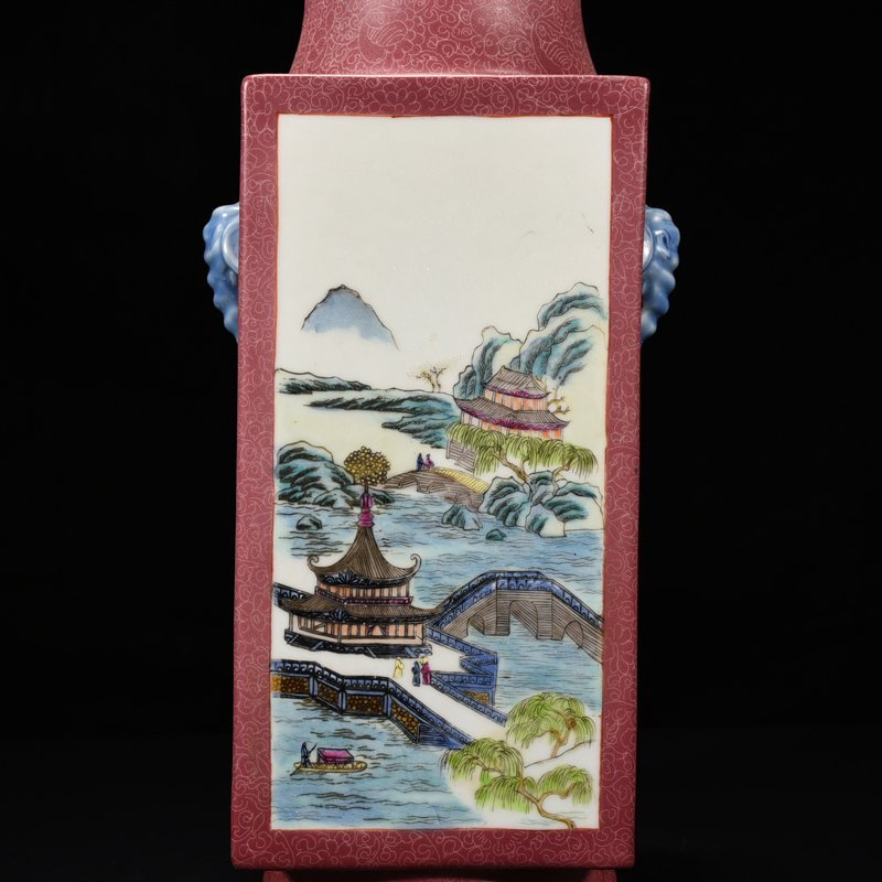 Qing Dynasty Qianlong rouge red consecrated famille rose landscape pavilion cong style vase
