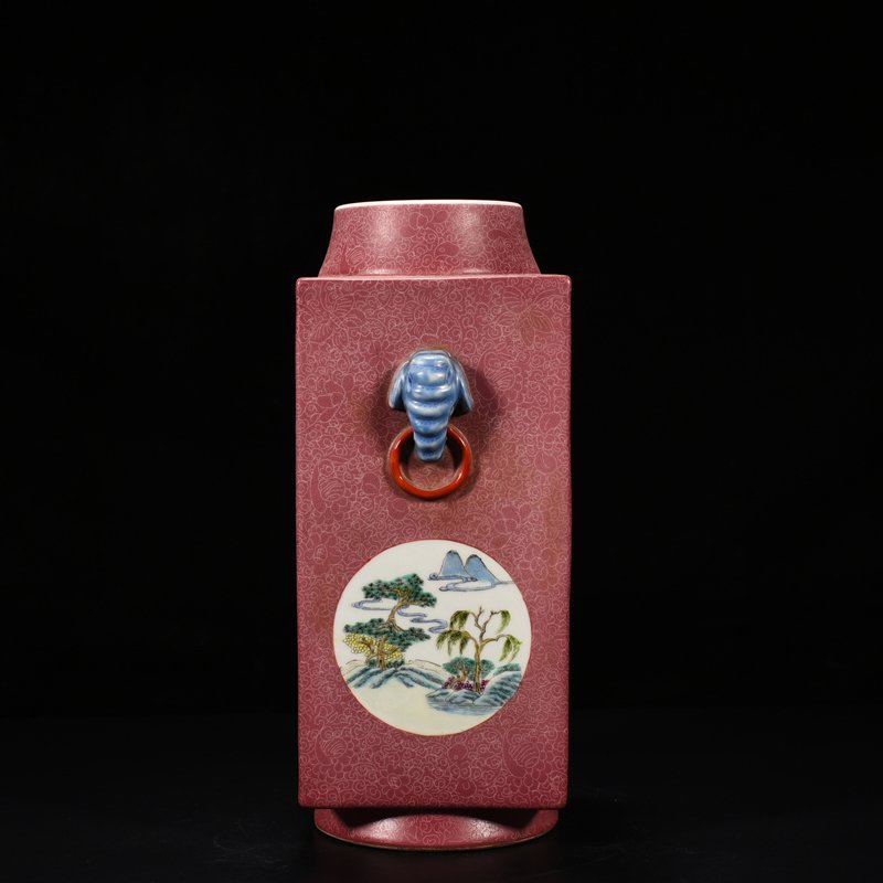 Qing Dynasty Qianlong rouge red consecrated famille rose landscape pavilion cong style vase