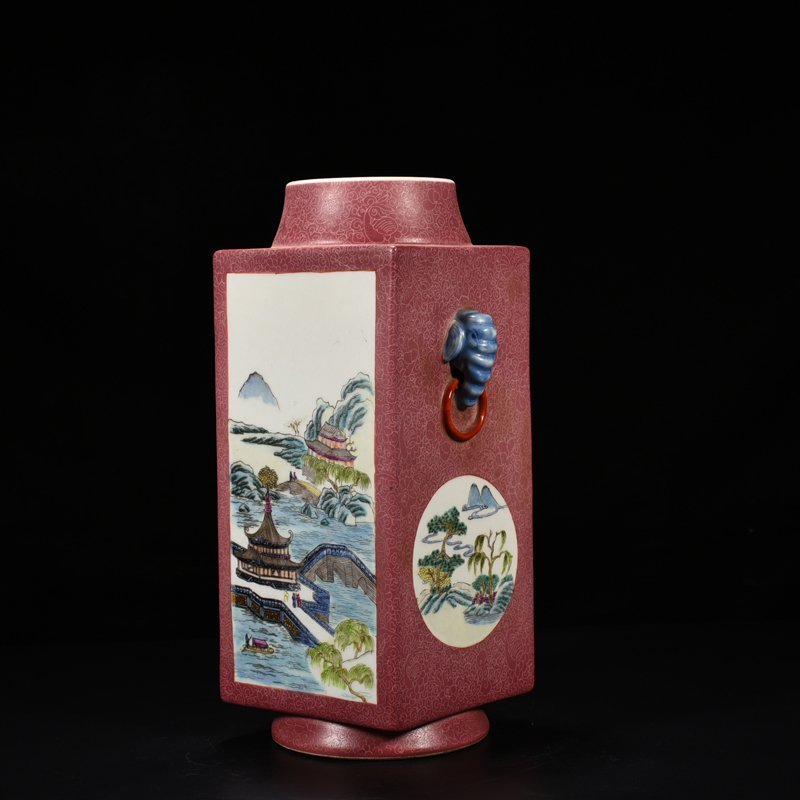 Qing Dynasty Qianlong rouge red consecrated famille rose landscape pavilion cong style vase