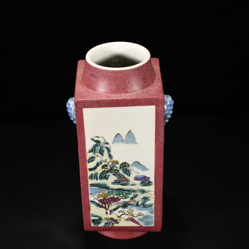 Qing Dynasty Qianlong rouge red consecrated famille rose landscape pavilion cong style vase