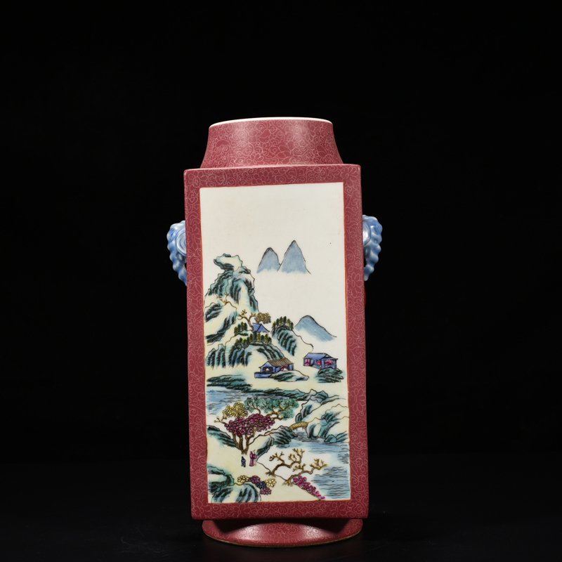Qing Dynasty Qianlong rouge red consecrated famille rose landscape pavilion cong style vase