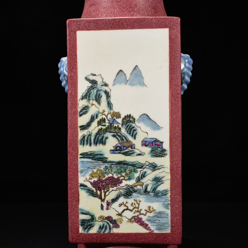 Qing Dynasty Qianlong rouge red consecrated famille rose landscape pavilion cong style vase
