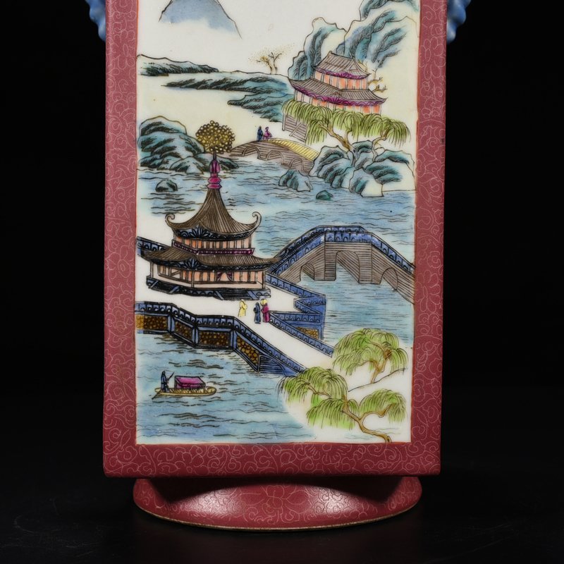 Qing Dynasty Qianlong rouge red consecrated famille rose landscape pavilion cong style vase