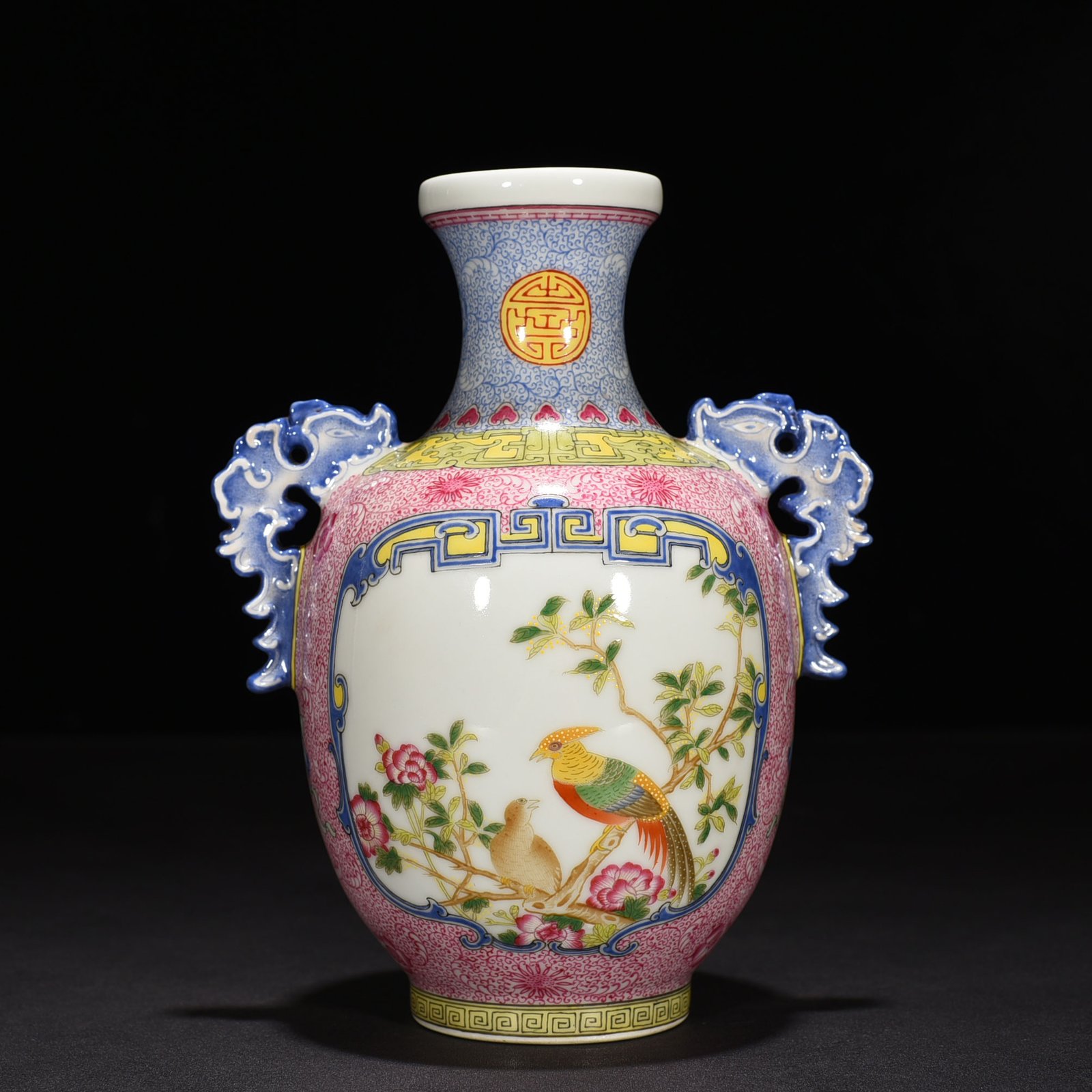 Qing Dynasty Qianlong rouge red windowed enamel amphorae with flower and bird patterns