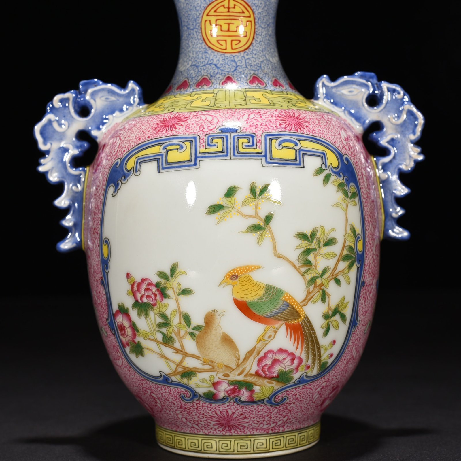 Qing Dynasty Qianlong rouge red windowed enamel amphorae with flower and bird patterns