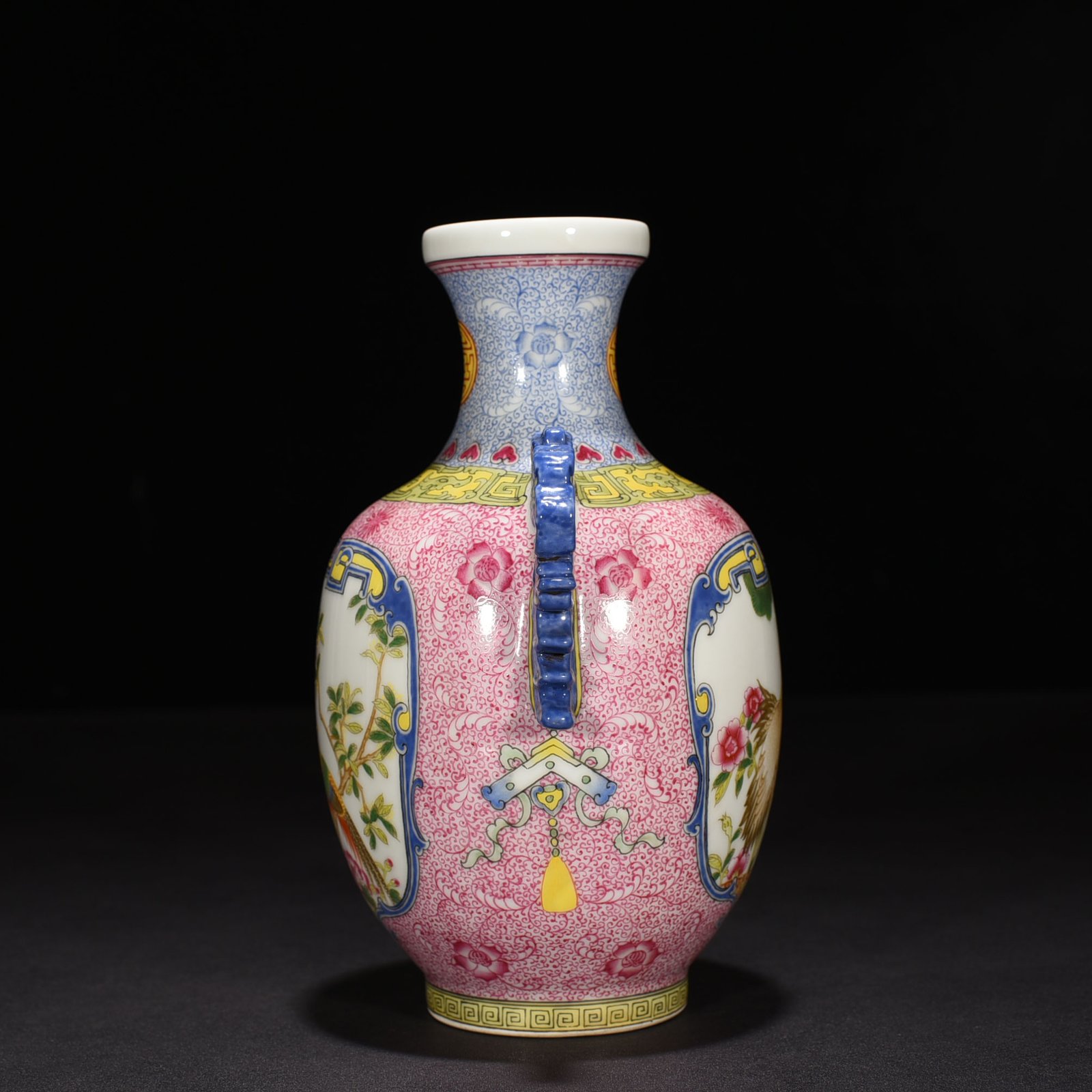 Qing Dynasty Qianlong rouge red windowed enamel amphorae with flower and bird patterns