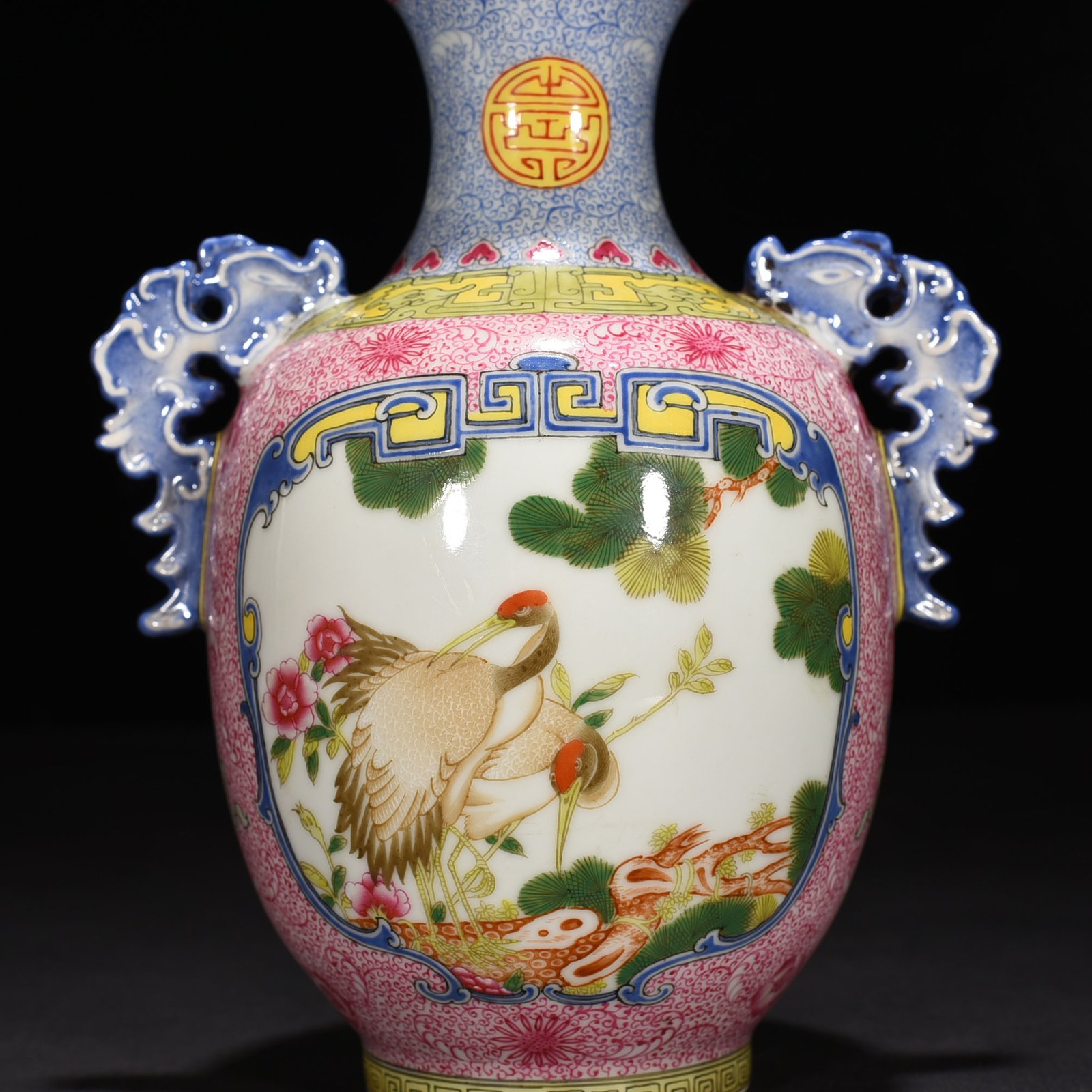 Qing Dynasty Qianlong rouge red windowed enamel amphorae with flower and bird patterns