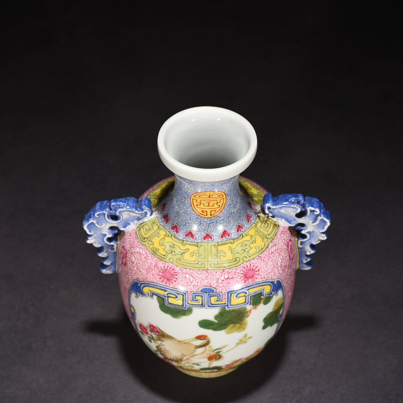 Qing Dynasty Qianlong rouge red windowed enamel amphorae with flower and bird patterns
