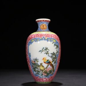 Qing Dynasty Qianlong rouge red windowed enamel vase with flower