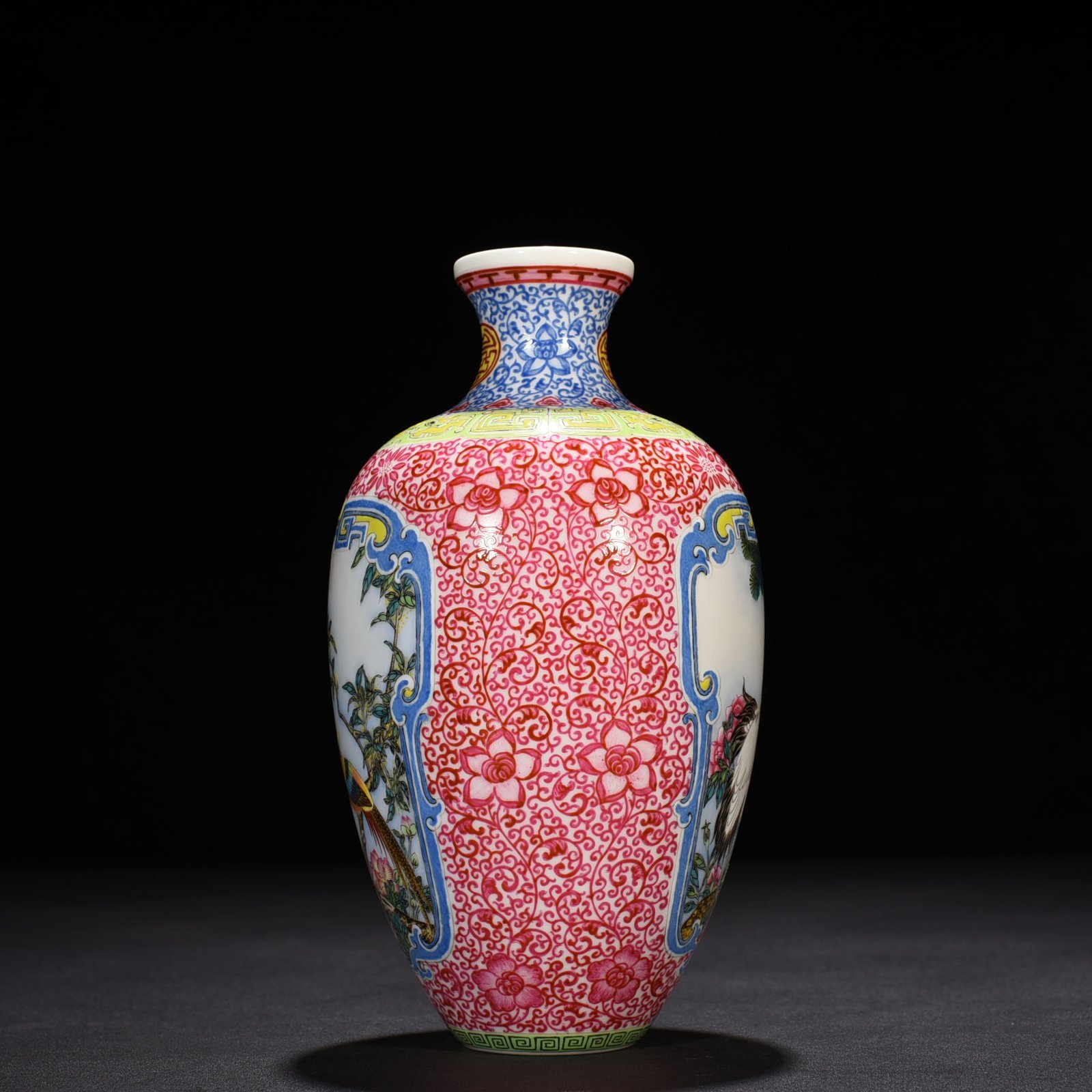 Qing Dynasty Qianlong rouge red windowed enamel vase with flower