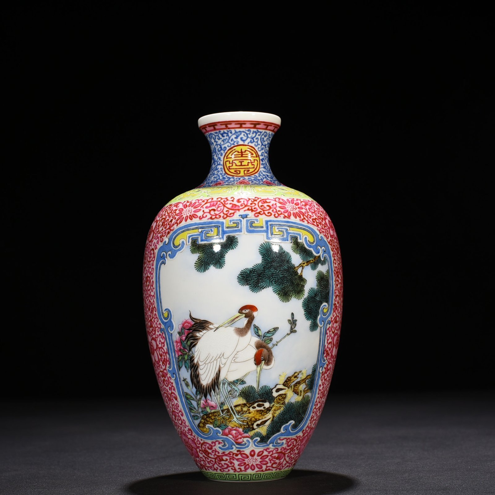 Qing Dynasty Qianlong rouge red windowed enamel vase with flower
