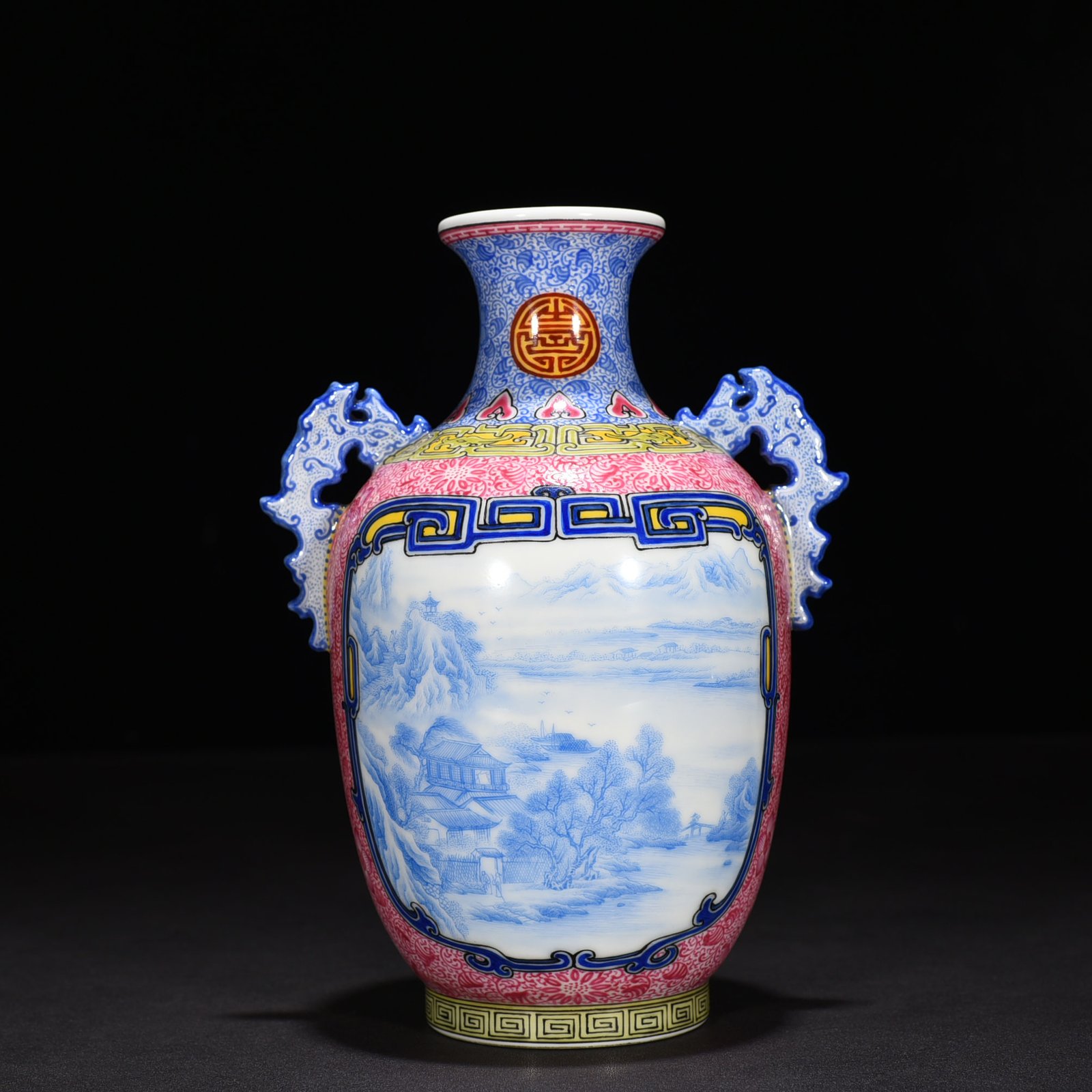 Qing Dynasty Qianlong rouge red windowed blue material enamel landscape amphora