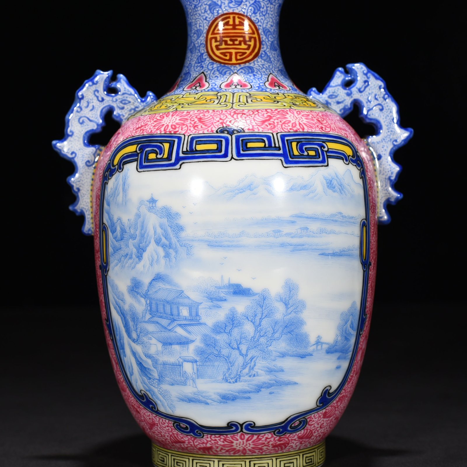 Qing Dynasty Qianlong rouge red windowed blue material enamel landscape amphora