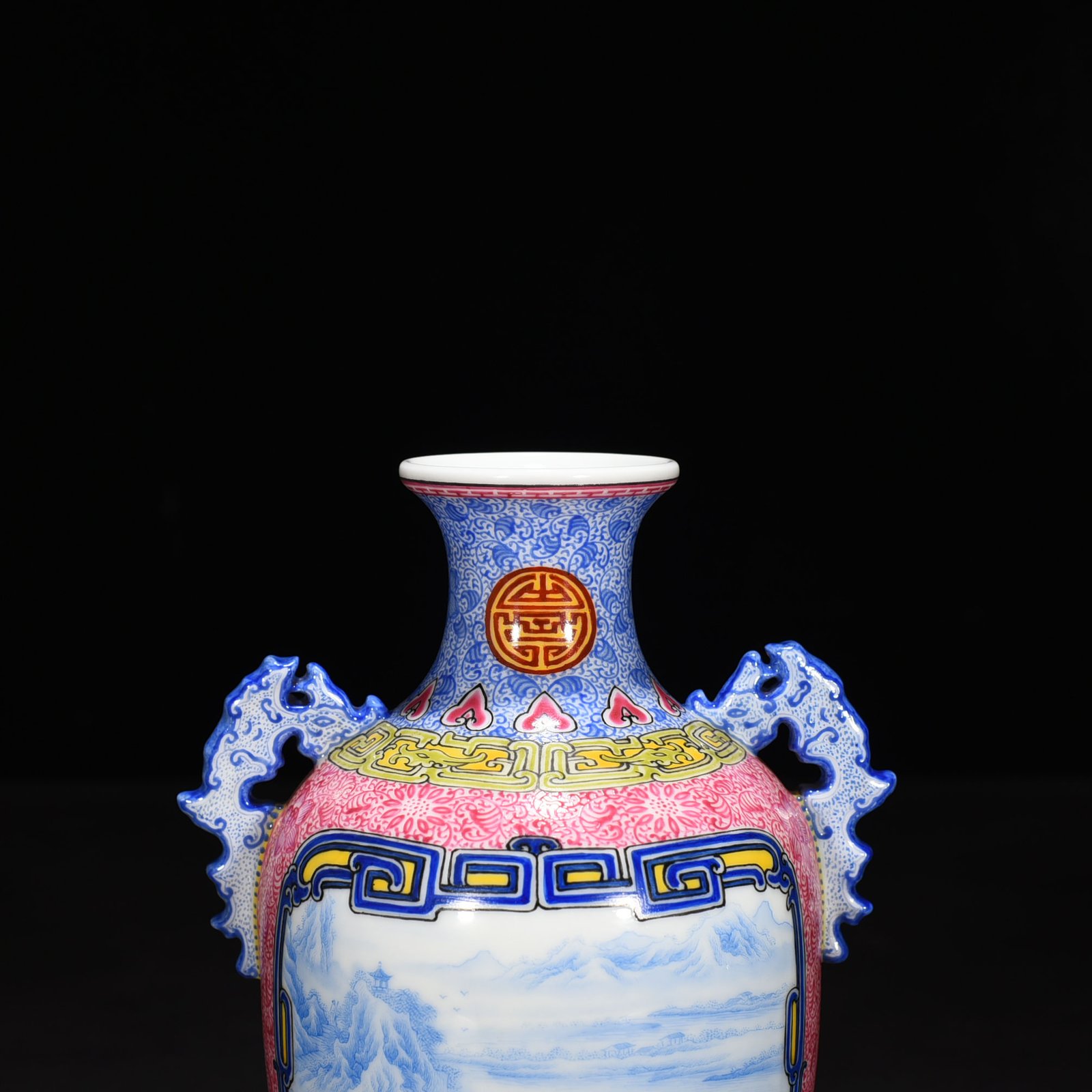 Qing Dynasty Qianlong rouge red windowed blue material enamel landscape amphora