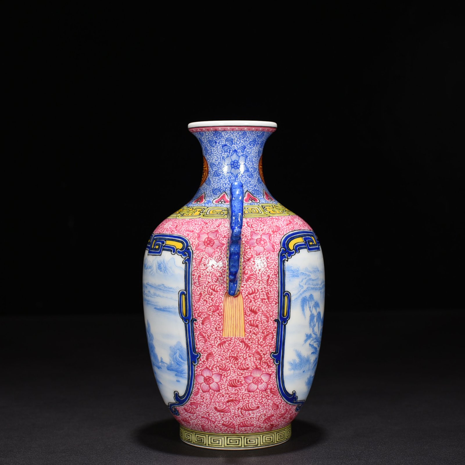Qing Dynasty Qianlong rouge red windowed blue material enamel landscape amphora