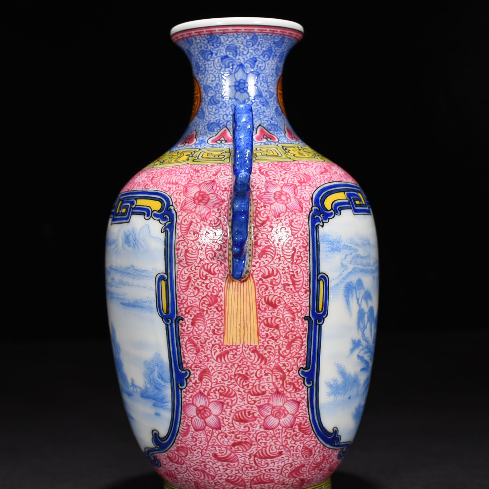 Qing Dynasty Qianlong rouge red windowed blue material enamel landscape amphora