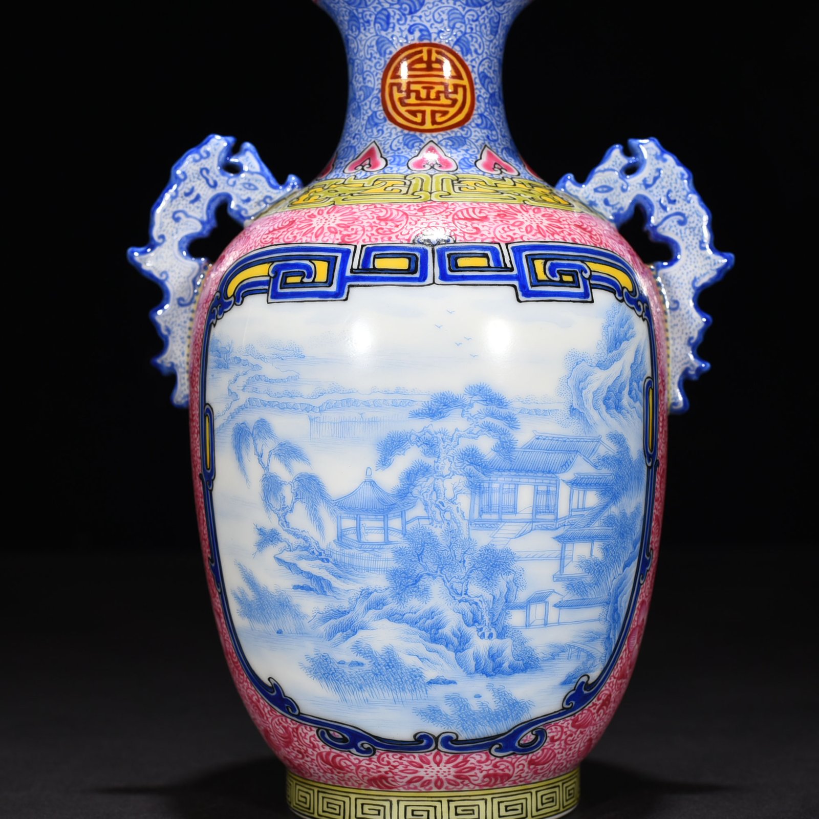 Qing Dynasty Qianlong rouge red windowed blue material enamel landscape amphora