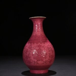 Qing Dynasty Qianlong rouge red rolled jade pot spring vase with floral pattern