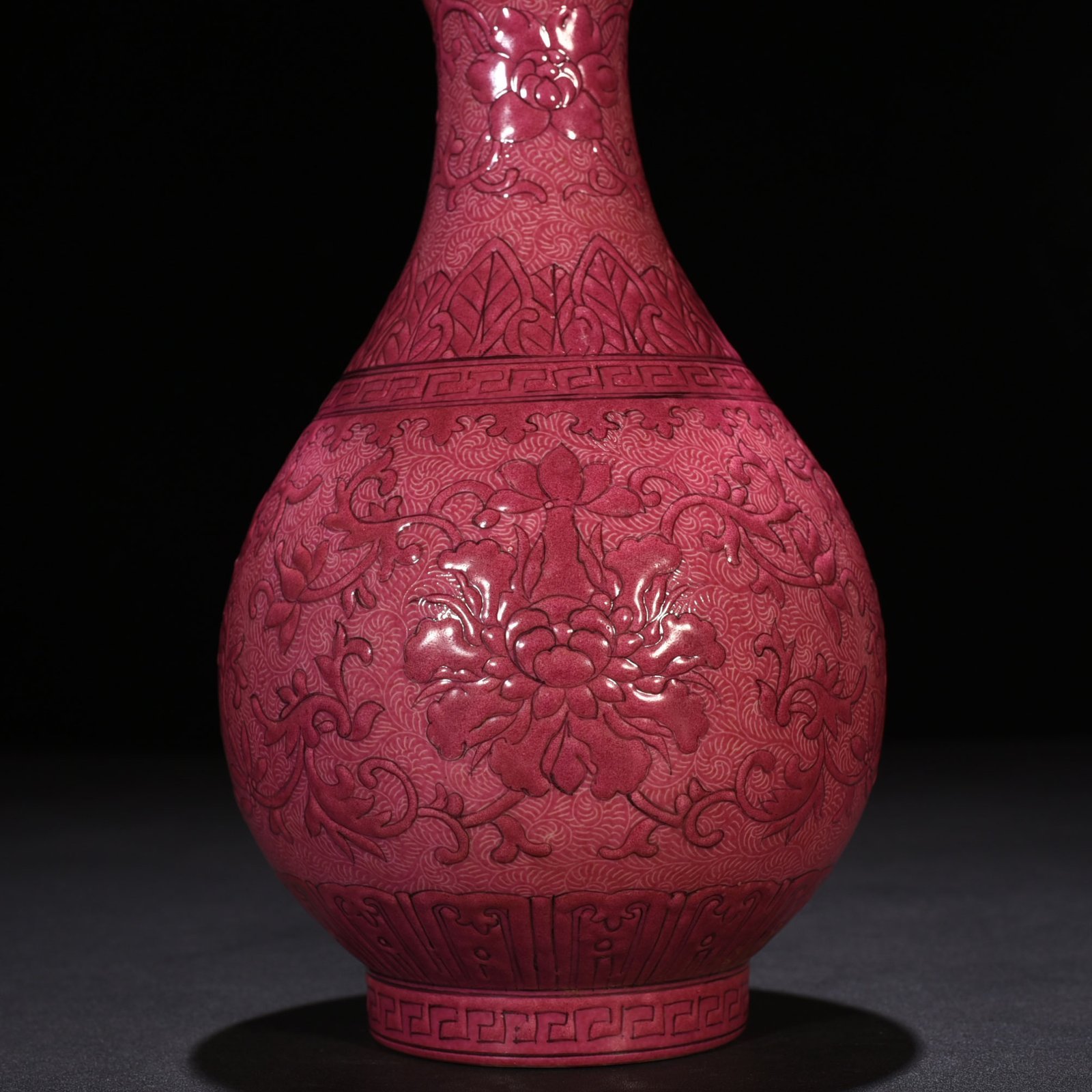 Qing Dynasty Qianlong rouge red rolled jade pot spring vase with floral pattern