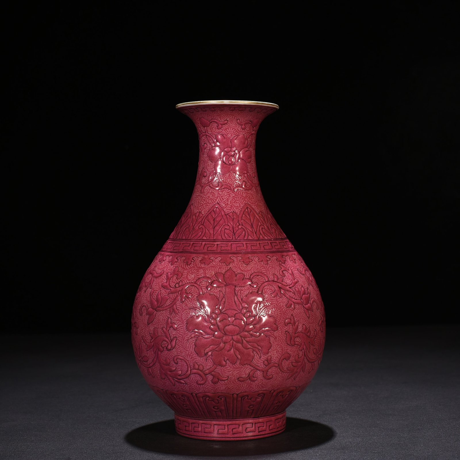 Qing Dynasty Qianlong rouge red rolled jade pot spring vase with floral pattern