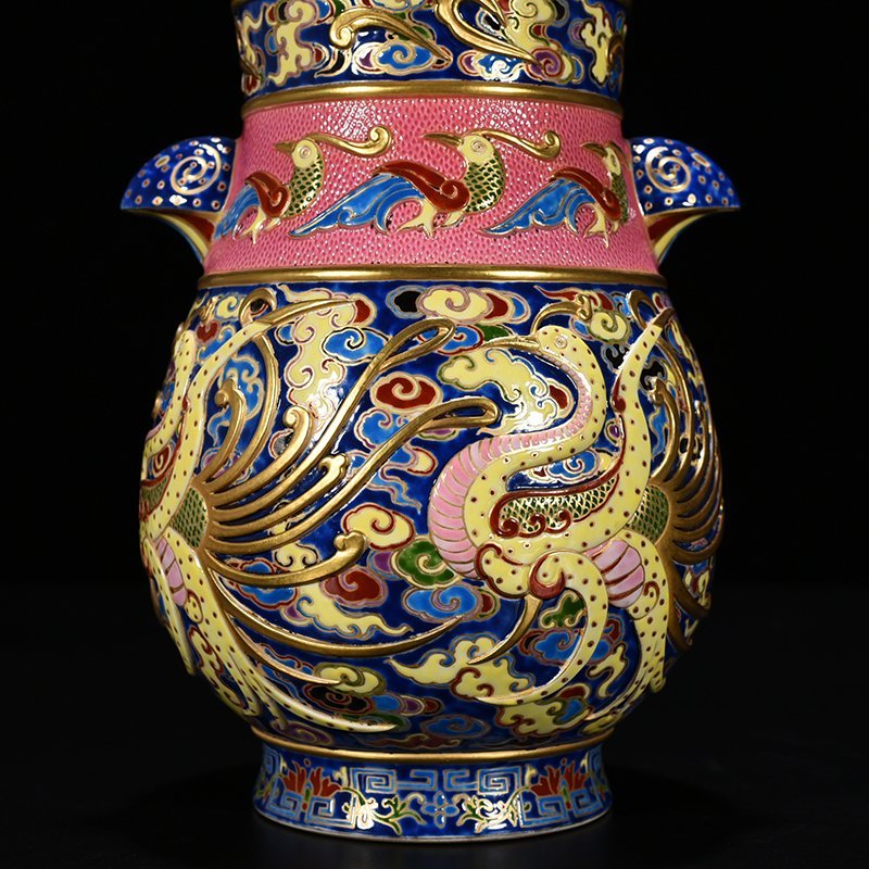 Qing Dynasty Qianlong blue ground enamel color painted gold carved phoenix pattern double-eared statue