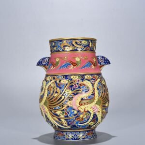 Qing Dynasty Qianlong blue ground enamel color painted gold carved phoenix pattern double-eared statue