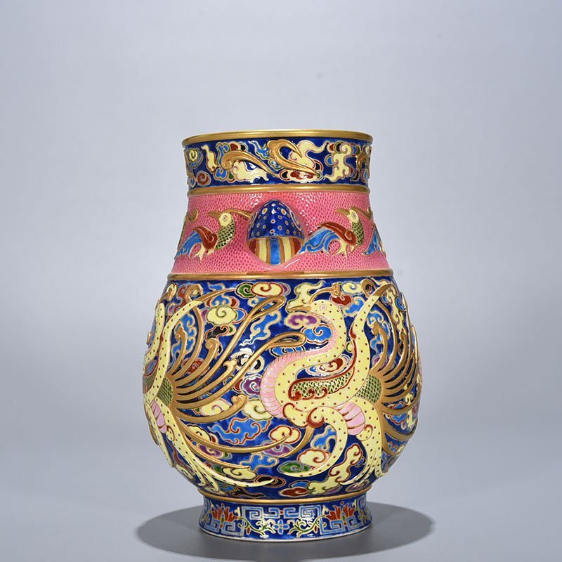 Qing Dynasty Qianlong blue ground enamel color painted gold carved phoenix pattern double-eared statue