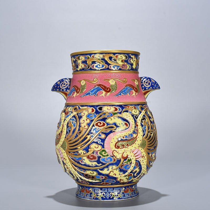 Qing Dynasty Qianlong blue ground enamel color painted gold carved phoenix pattern double-eared statue