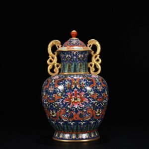 Qing Dynasty Qianlong blue ground enamel double-eared statue