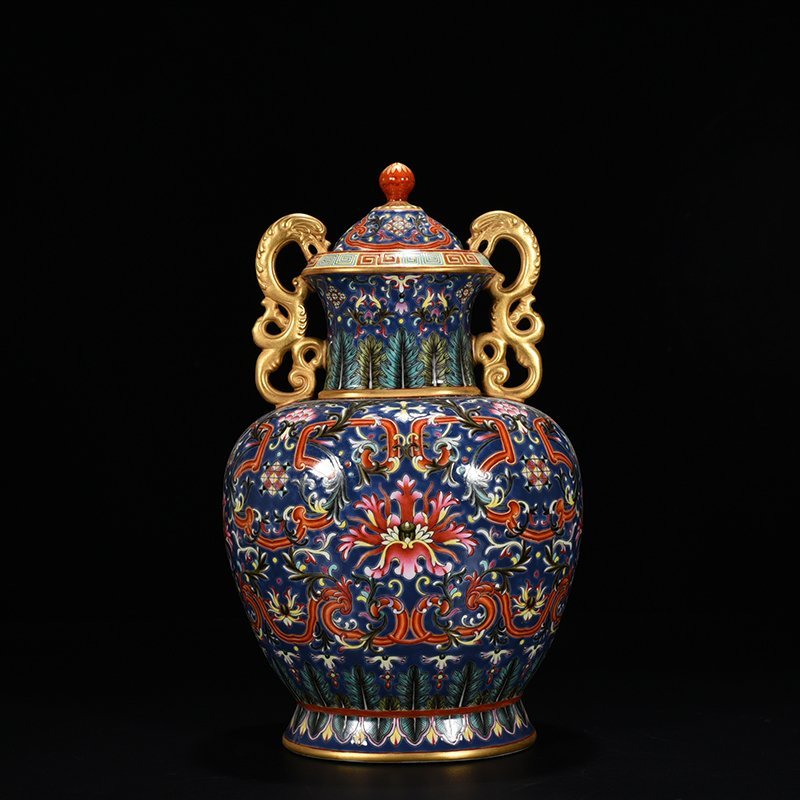 Qing Dynasty Qianlong blue ground enamel double-eared statue
