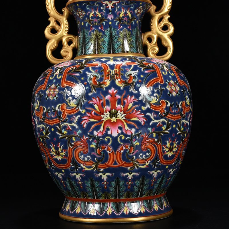Qing Dynasty Qianlong blue ground enamel double-eared statue