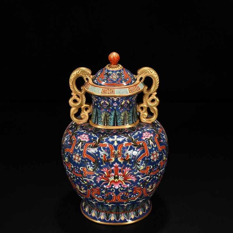 Qing Dynasty Qianlong blue ground enamel double-eared statue