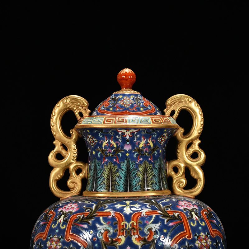 Qing Dynasty Qianlong blue ground enamel double-eared statue