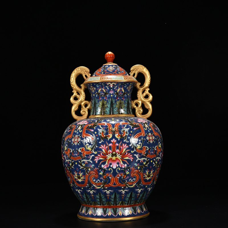 Qing Dynasty Qianlong blue ground enamel double-eared statue
