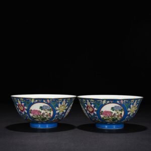 Qing Dynasty Qianlong Blue Ground Pastel Flower Poetry Bowl