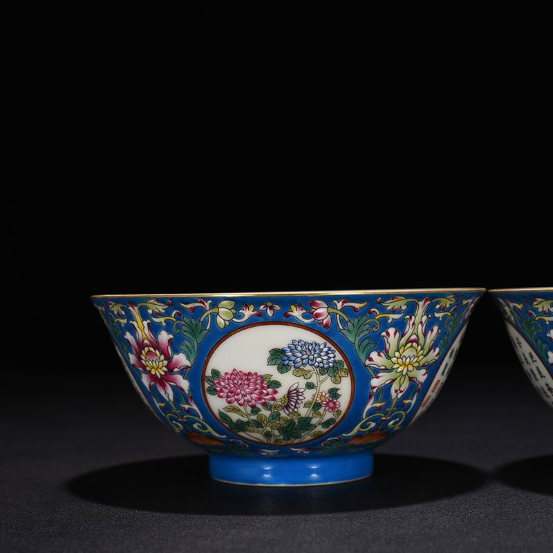 Qing Dynasty Qianlong Blue Ground Pastel Flower Poetry Bowl