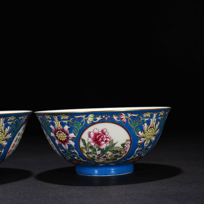 Qing Dynasty Qianlong Blue Ground Pastel Flower Poetry Bowl