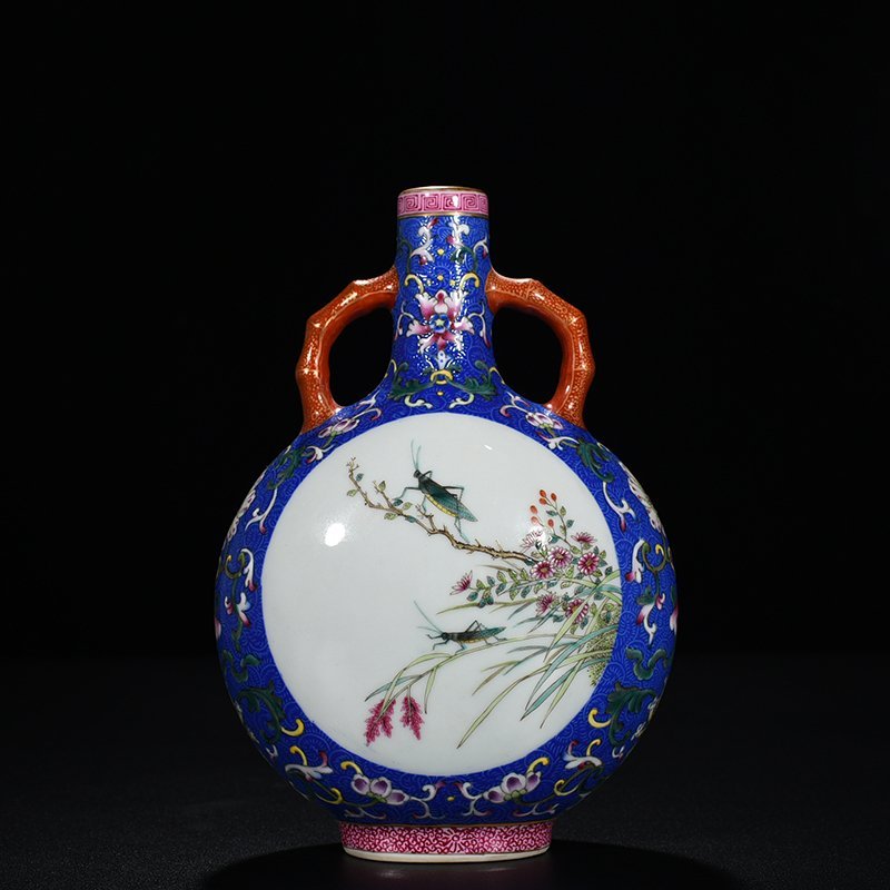 Qing Dynasty Qianlong blue ground rolling grass and insect pattern flat