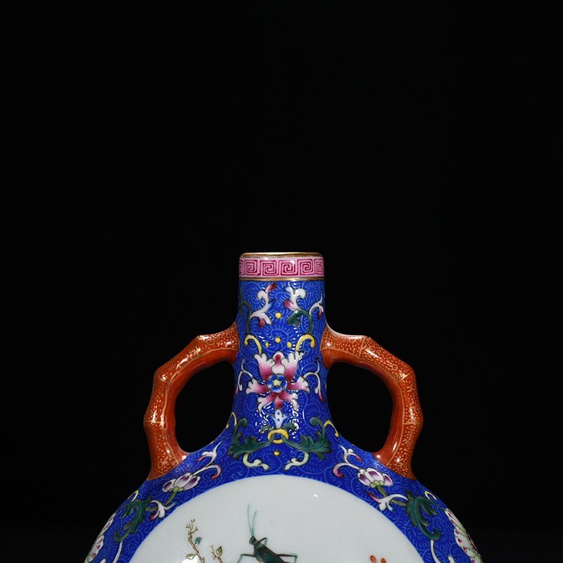 Qing Dynasty Qianlong blue ground rolling grass and insect pattern flat
